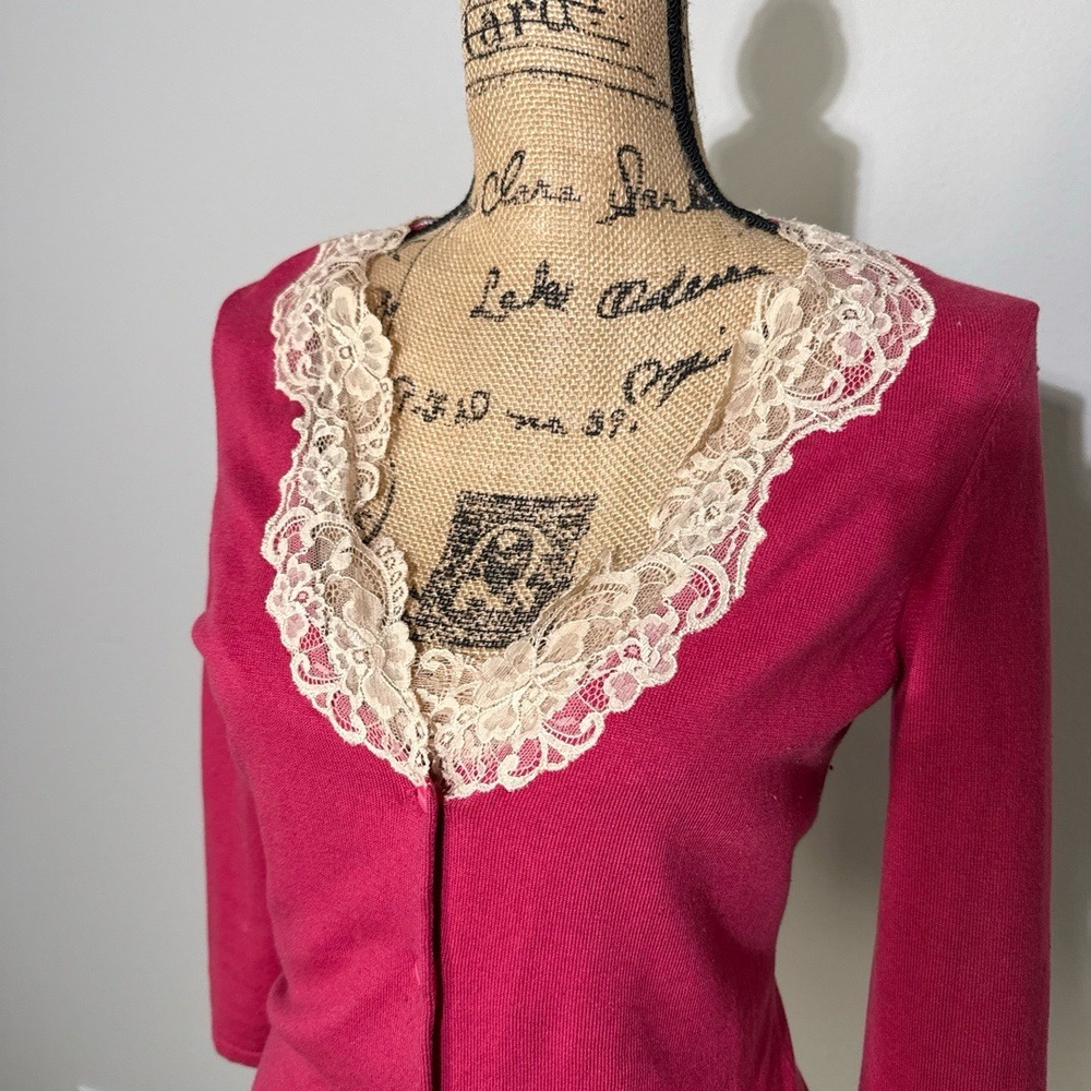 Ann Taylor Cardigan Set Womens Size Medium Hot Pink Vintage Y2K Lace Trim Chic E
